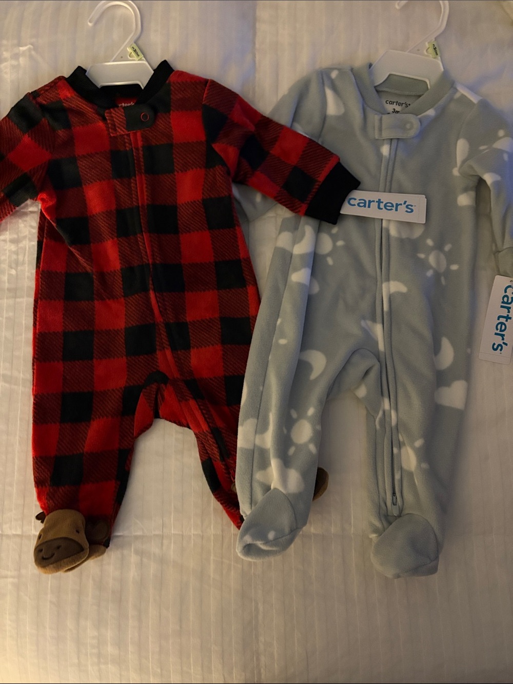 Carter's Red & Black Buffalo Plaid and Light Gray Moon Print Fleece One-Pieces